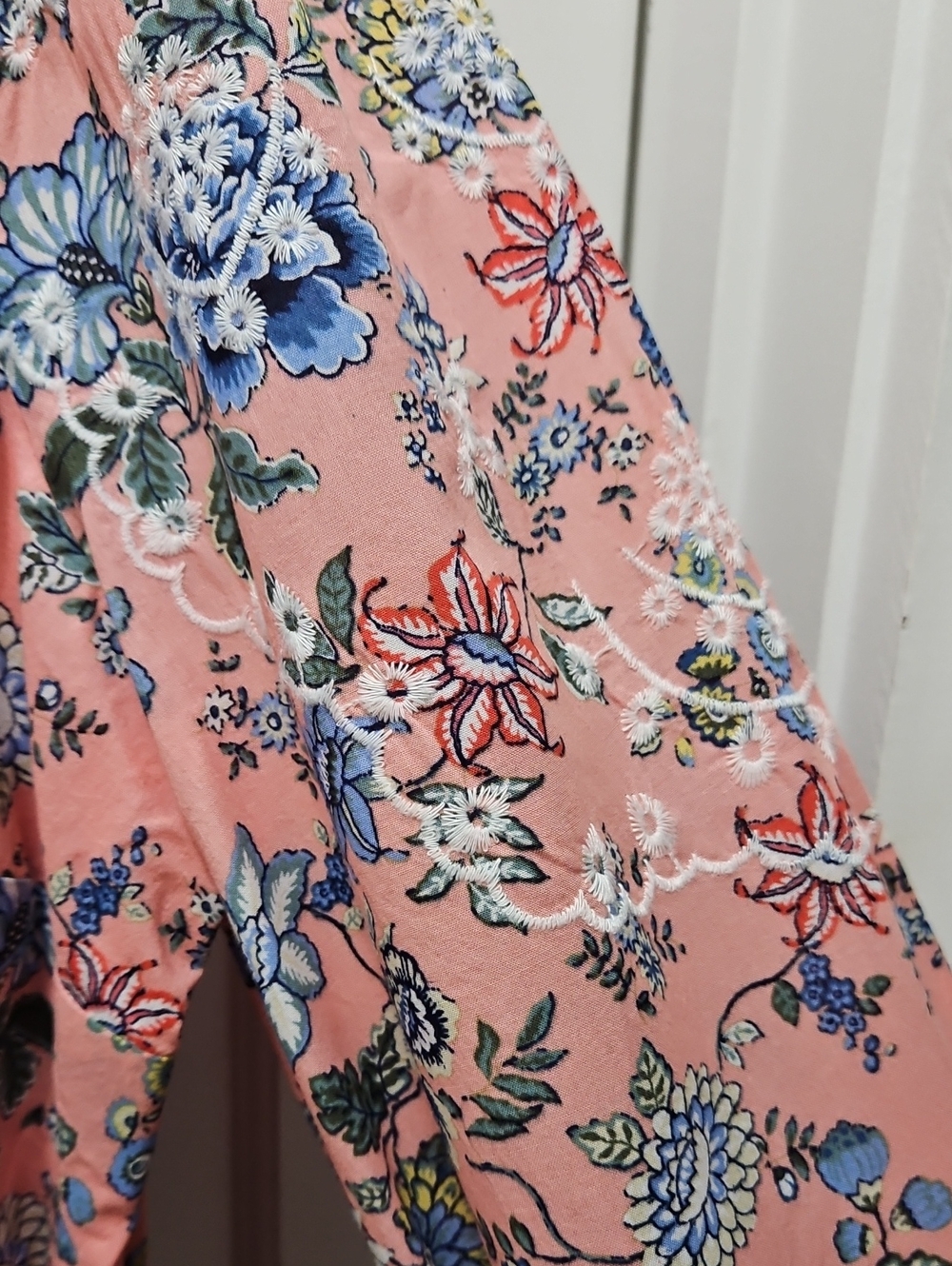 LOFT Pink Floral 3/4 Sleeve Tiered Dress Size 14 Embroidery - Picture 3 of 9